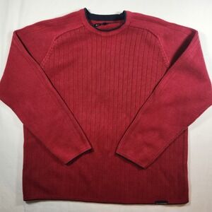 BC‎ Clothing Mens Red Ribbed Knit Crewneck Sweater Navy Trim Medium y2k